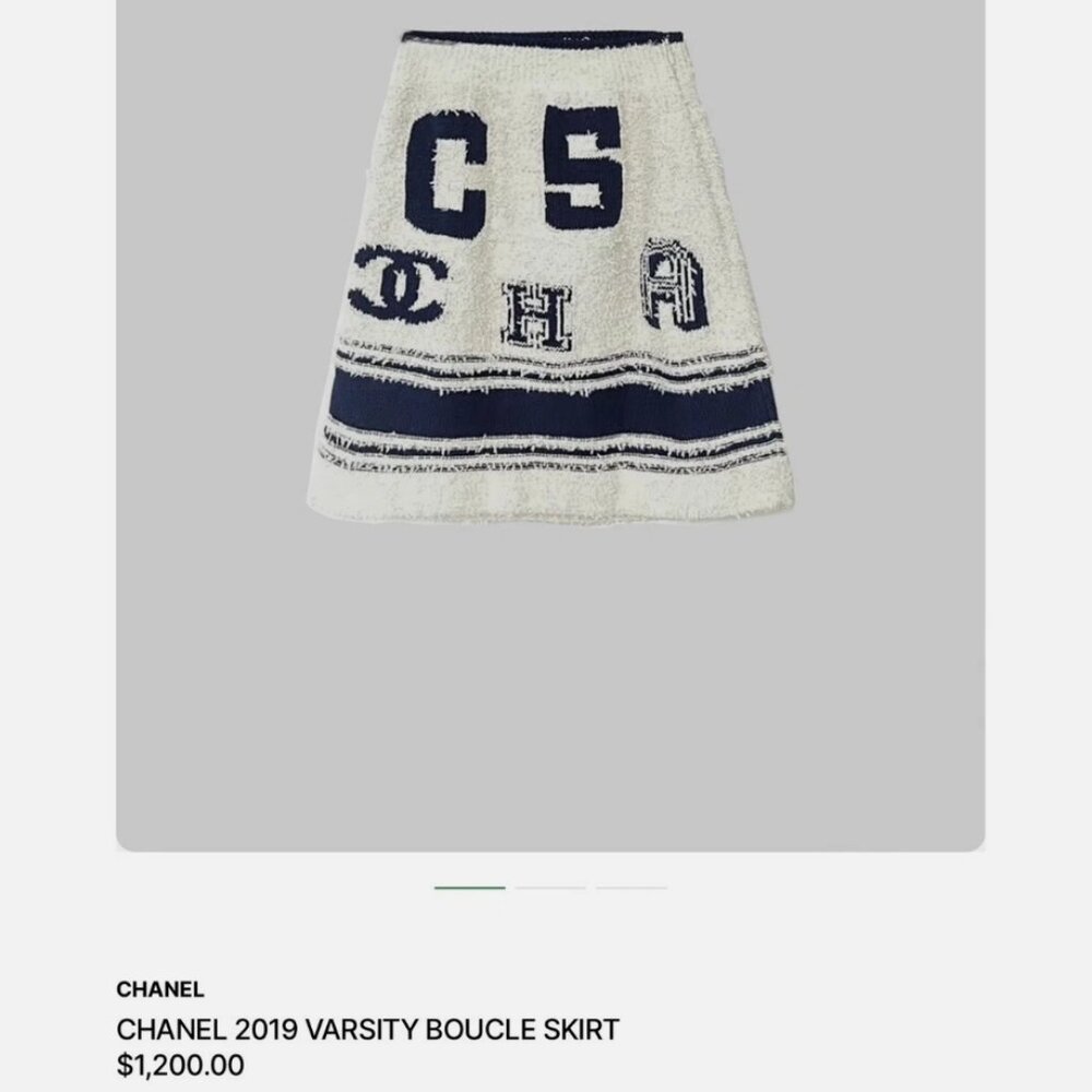 CHANEL 2019 Varsity White Blue Boucle CC Logo Skirt